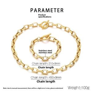 Detailed view of gold stainless steel chain jewelry set with OT buckle and size specs