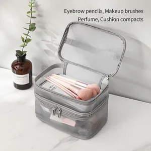 Double-layer black mesh toiletry bag with large capacity and handle for cosmetics