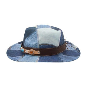 Western patchwork denim cowboy hat with gemstone leather band and wide brim design