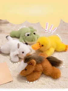 Group of soft plush animals including horse, frog and duck on a cozy beige rug