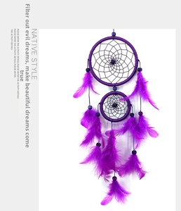 Detail of purple dreamcatcher showing dual rings with feathers and ethnic bead decorations