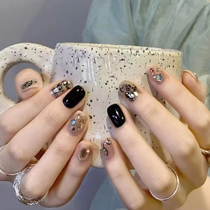 Press On Nails Short Square Black Silver Metallic Punk Style With 3D Rhinestone Artificial Pearl Cross Letter Print For Women DIY Manicure