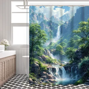 Nature landscape shower curtain with mountains and waterfall print, size 180x180 cm