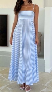 Detail view of the blue and white striped cotton maxi dress with backless design