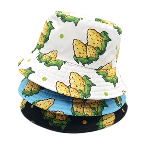 Cute Cartoon Corn Print Bucket Hat Summer Sun Protection Double Sided Polyester Travel Outdoor Retro Novelty Unisex