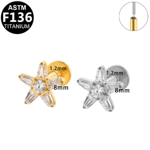 Detail of G23 titanium star stud earring with clear zircon and internal threading