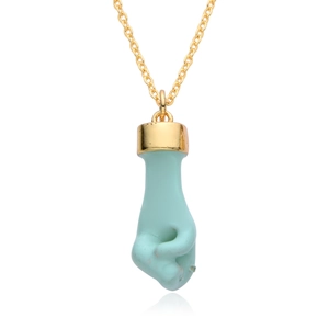 Light blue fist pendant necklace in fig sign gesture with gold chain and metal cap