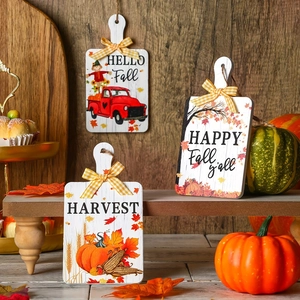 Three-piece set of wooden fall door hangers with pumpkins, autumn leaves and rustic truck