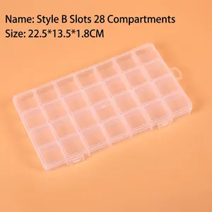 Detailed 28-grid clear plastic storage box with dimensions 22.5x13.5x1.8cm for beads