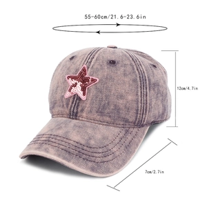 Detailed dimensions of a vintage washed denim baseball cap with pink sequin star patch