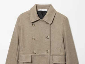 Close-up of khaki wool blend coat featuring gold metal buttons and front pocket flaps