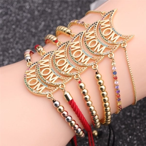 MOM MAMA Moon Pendant Bracelet Colorful Cubic Zirconia Gold Plated Copper Adjustable Jewelry Gift For Women