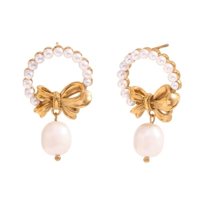Elegant 18K gold plated bow earrings featuring small pearl halo and waterdrop pearl pendant