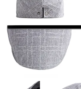 Détail d'un béret gris à carreaux avec texture aspect lin et boucle métallique