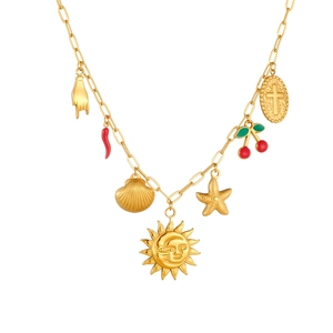 Gold stainless steel chain necklace with sun face, chili, and starfish charms on white