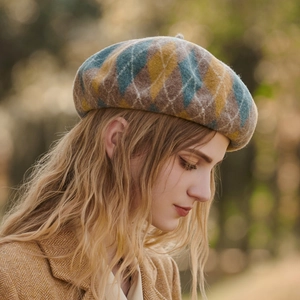 Stylish color-block wool beret with plaid pattern for winter casual fashion wear