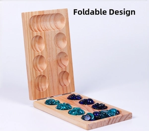 Detailed close-up of foldable wooden Mancala board with blue glass stones
