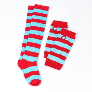 Close-up of red and blue striped knitted long socks and arm warmers with thumb holes