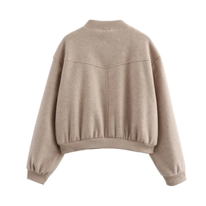 Back view of a khaki wool jacket with ribbed cuffs and Y-shaped stitching details