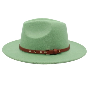 Light green wool felt fedora hat with studded brown band and gold buckle on white background