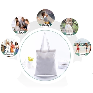 White canvas tote bag for women shown in job, study, casual, shopping and travel settings