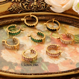 18k gold plated round earrings with square zircons in multiple colors, 1.5cm diameter