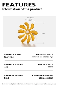 Detailed size chart for 18K gold plated flower ring with pearl inlay and stainless steel