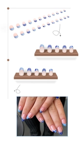 Detailed set of 24 blue ballet fake nails featuring sea salt wave and polka dot patterns
