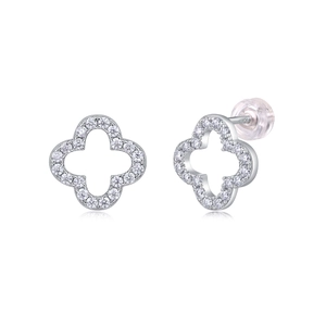 Detailed view of S925 sterling silver four-leaf clover studs with white zircon inlay