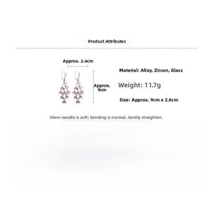 Detailed size specifications for zircon heart tassel earrings measuring 9cm by 2.6cm