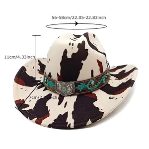 Western cowboy hat with cow print design and decorative boho band on white background