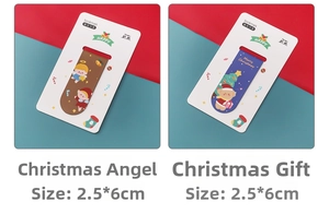 Detail view of cartoon Christmas magnetic bookmarks featuring Angel and Gift designs