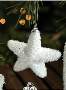 Close-up of white star Christmas tree ornament with glittering silver finish and silver string
