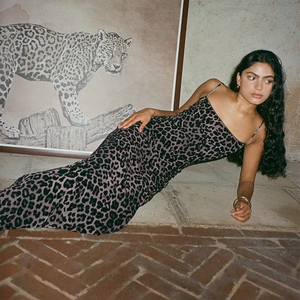 Elegant purple leopard print slip maxi dress with square neck and slim fit design
