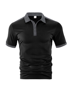 Close-up of contrast grey collar stitching and fabric texture on black men's polo shirt