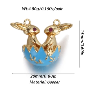 Detail view of gold rabbit charms in blue egg shells with 20mm by 15mm dimensions