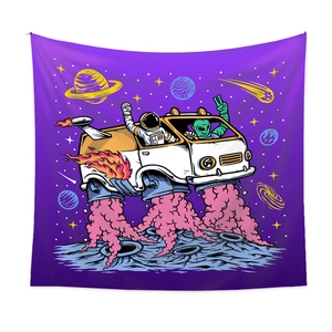 Detail showing space illustration tapestry with astronaut and alien in a cosmic truck