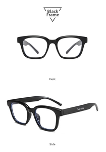 Detail view of black square frame sunglasses with Trend x Fashion text on the temple arm