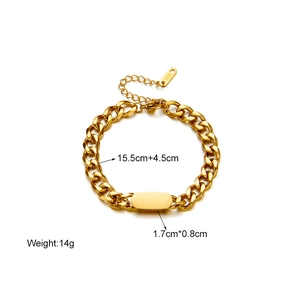 Minimalist gold Cuban chain bracelet with smooth oval metal tag for men and women