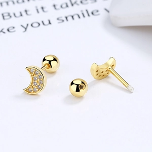 Minimalist 925 sterling silver gold plated crescent moon screw back stud earrings with zircons