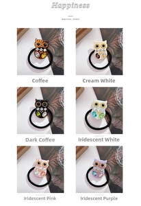 Detailed grid view of owl-shaped hair ties with rhinestones in six various colors