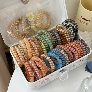 Colorful jelly spiral hair ties neatly arranged in a white metal storage box