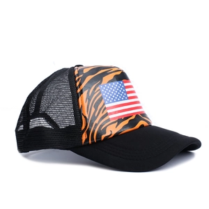 Tiger pattern trucker hat with US flag patch and breathable mesh back for men
