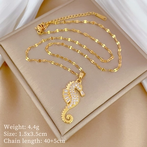 Detail view of crystal-encrusted seahorse pendant with size and weight specifications