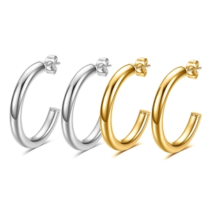 Polished C-shape stainless steel hoop earrings in gold and silver finish with butterfly backs