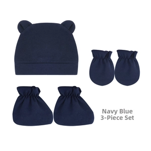 Ensemble bébé bleu marine comprenant un bonnet en coton à oreilles, des moufles et chaussons