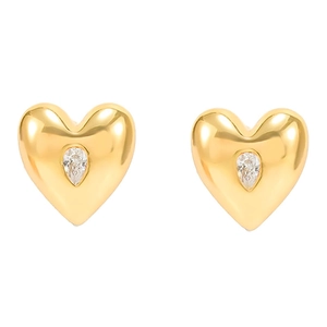 18K gold-plated heart-shaped stud earrings featuring a teardrop zircon on white background