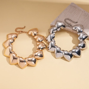 Polished heart link necklace in gold and silver finish, minimalist choker jewelry set