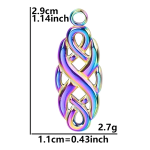 Macro view of iridescent rainbow witch knot pendant with exact size measurements