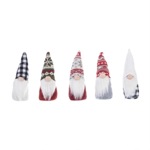 Set of 5 Christmas gnomes ornaments featuring knitted snowflake hats and faux fur beards